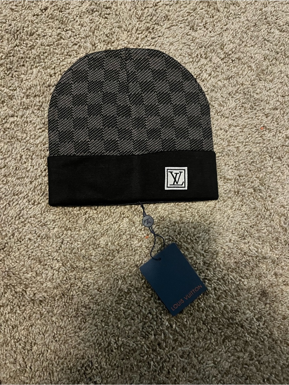 Louis Vuitton Black & Gray Checker Cuff Beanie